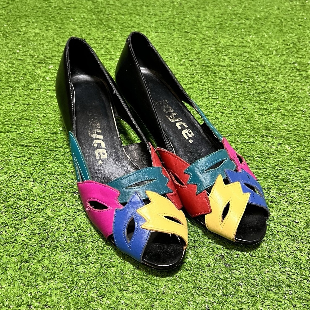 Vintage 80s Abstract Leather Wedge Sz 4.5 Peep Toe Casual MultiColor Brazil Made